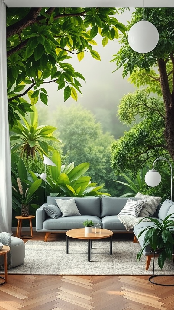 A cozy living room featuring a nature-inspired mural with lush greenery and a modern sofa.