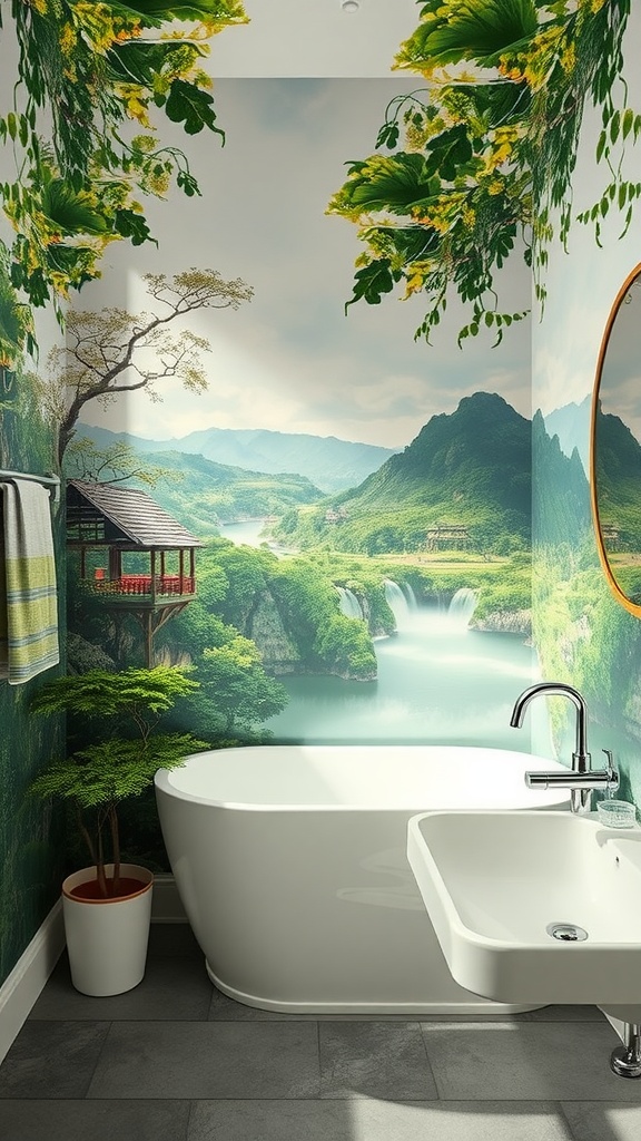 A serene bathroom with a nature-inspired mural featuring mountains, waterfalls, and lush greenery.