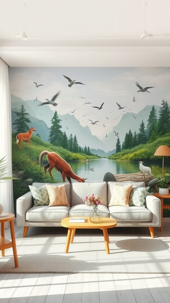 A cozy living room featuring a nature-inspired mural of a serene landscape with a deer, a fox, and a calm river.