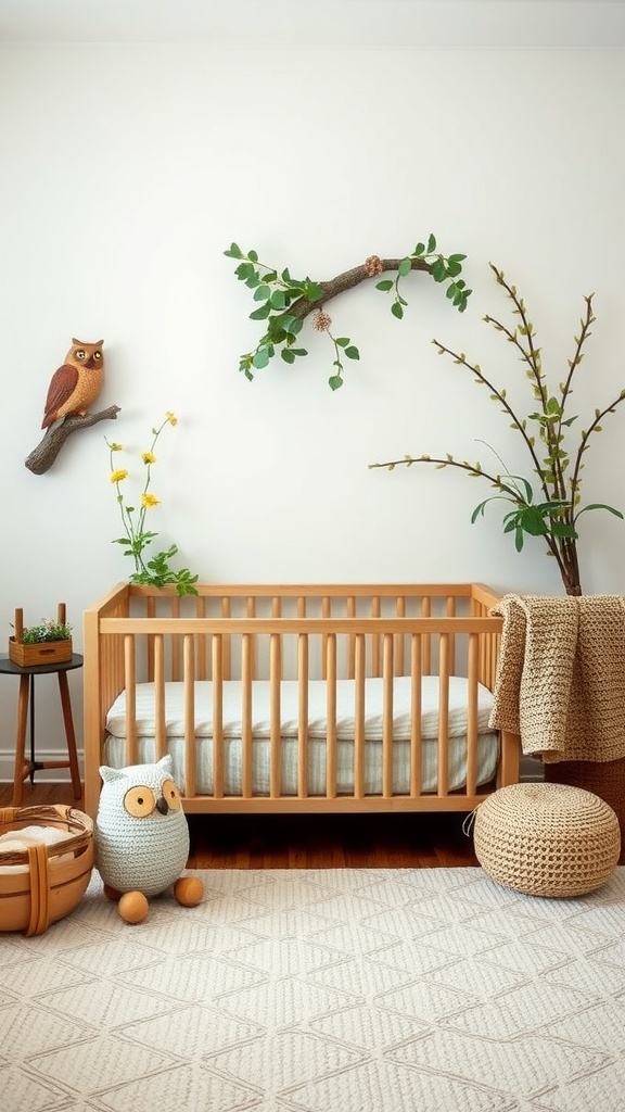 A cozy owl-themed nursery with a wooden crib, owl wall decor, and playful knitted accessories.