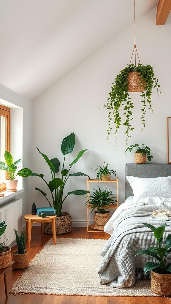 Loft bedroom featuring greenery with potted plants and a cozy bed