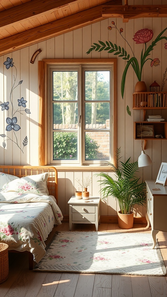 A bright and cozy nature-inspired girl's bedroom with floral decorations and potted plants.