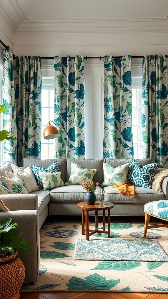 A cozy living room featuring blue and green nature-inspired textiles, including patterned curtains and cushions.