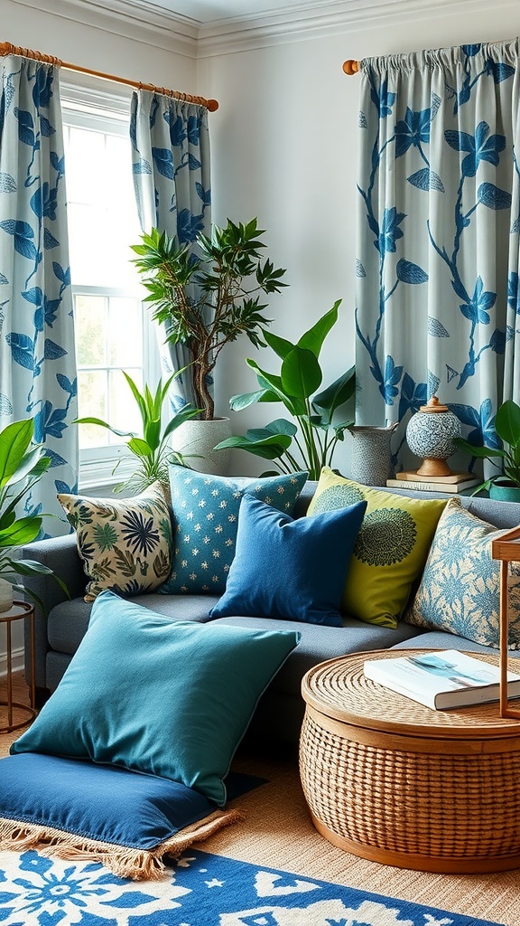 A bright living room featuring blue and green textiles with plants and woven decor.