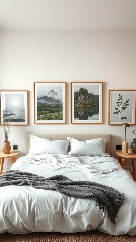 A cozy bedroom with nature-inspired wall art consisting of framed landscapes and plant illustrations