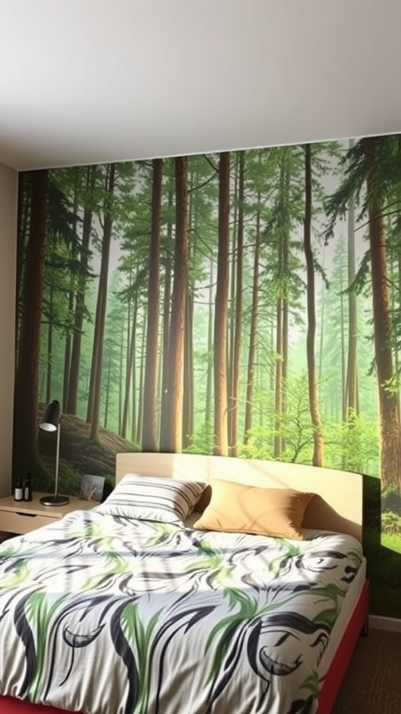 A bedroom featuring a nature-inspired wall mural of a lush green forest.