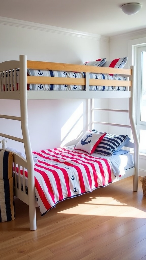 A bunk bed with nautical-themed bedding featuring red and white stripes and anchor patterns.