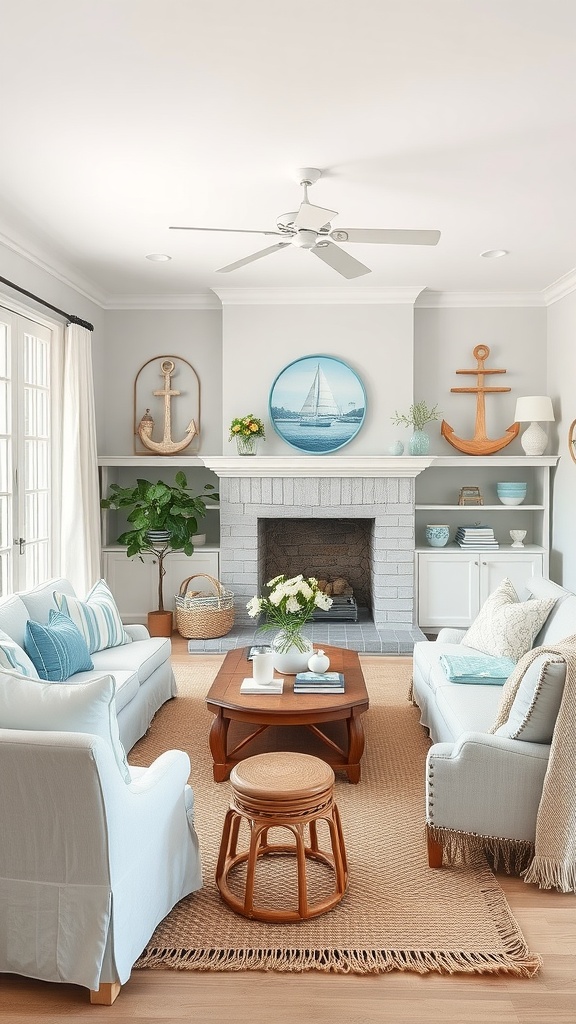 A coastal living room featuring light blue and white color scheme, nautical decor, and natural textures.