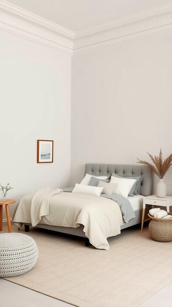 A cozy bedroom with a neutral color palette featuring a grey bed, soft bedding, and natural decor.