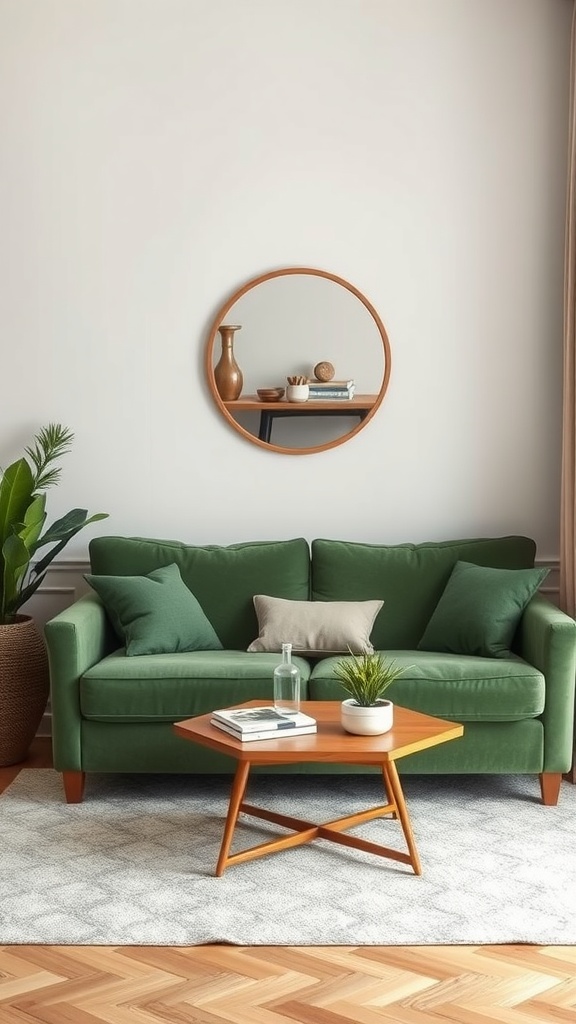 A living room featuring a green couch, neutral tones, and decorative elements