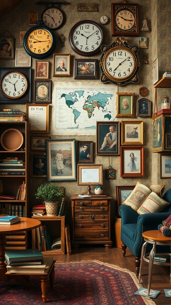 A vintage room filled with clocks, framed photos, a world map, and cozy furniture, creating a nostalgic atmosphere.