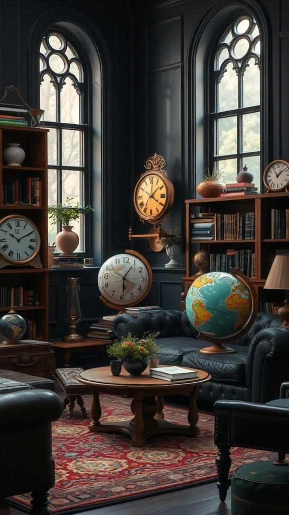 A dark academia living room featuring vintage clocks, bookshelves, a globe, and a cozy sofa.