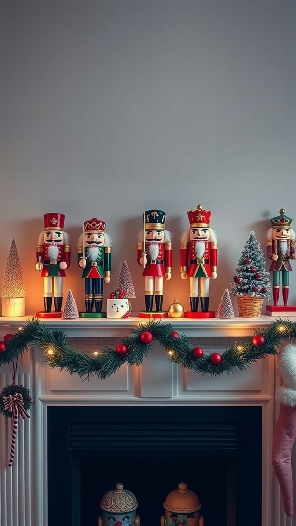 A beautifully decorated mantel featuring colorful nutcracker figurines and other holiday decorations.