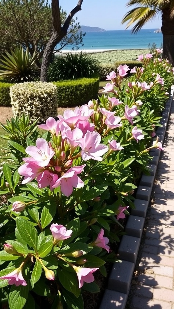 A row of oleander plants with pink flowers beside a beach.