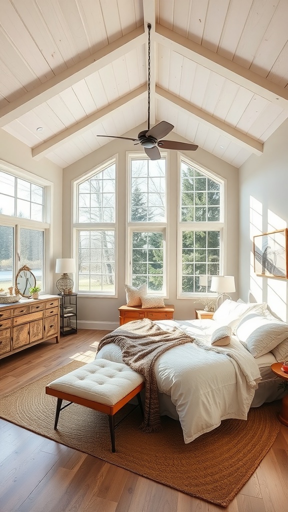 Bright, open-concept bedroom with large windows, wooden accents, and cozy furnishings.