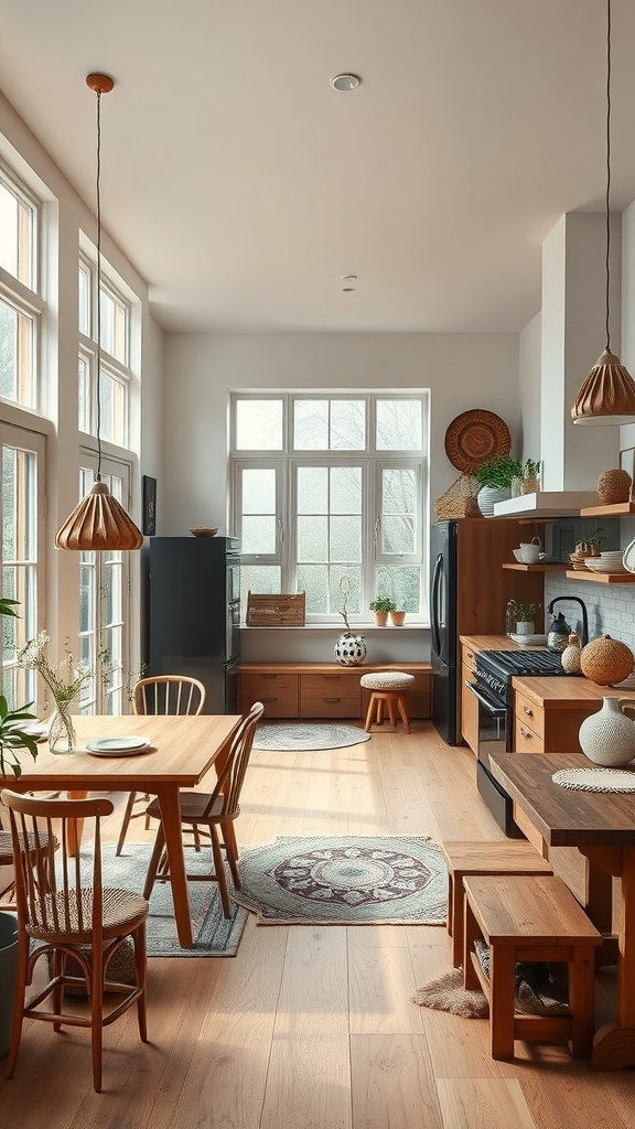 An airy and open boho kitchen with large windows, wooden furniture, and plants.