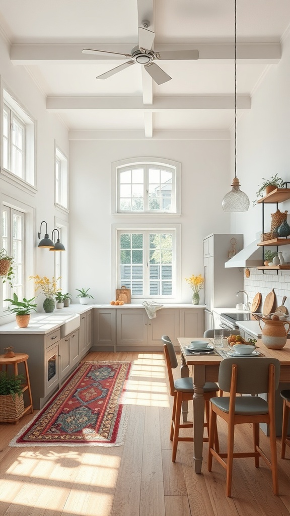 Bright and airy boho kitchen with large windows, wooden furniture, and potted plants