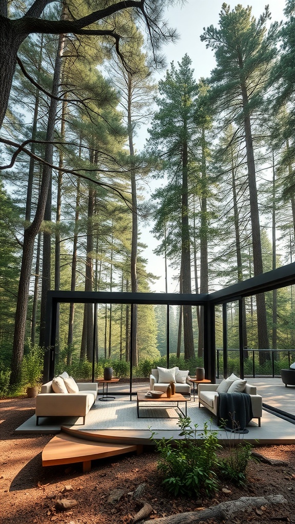 Open concept forest retreat with large glass walls and cozy seating surrounded by trees.