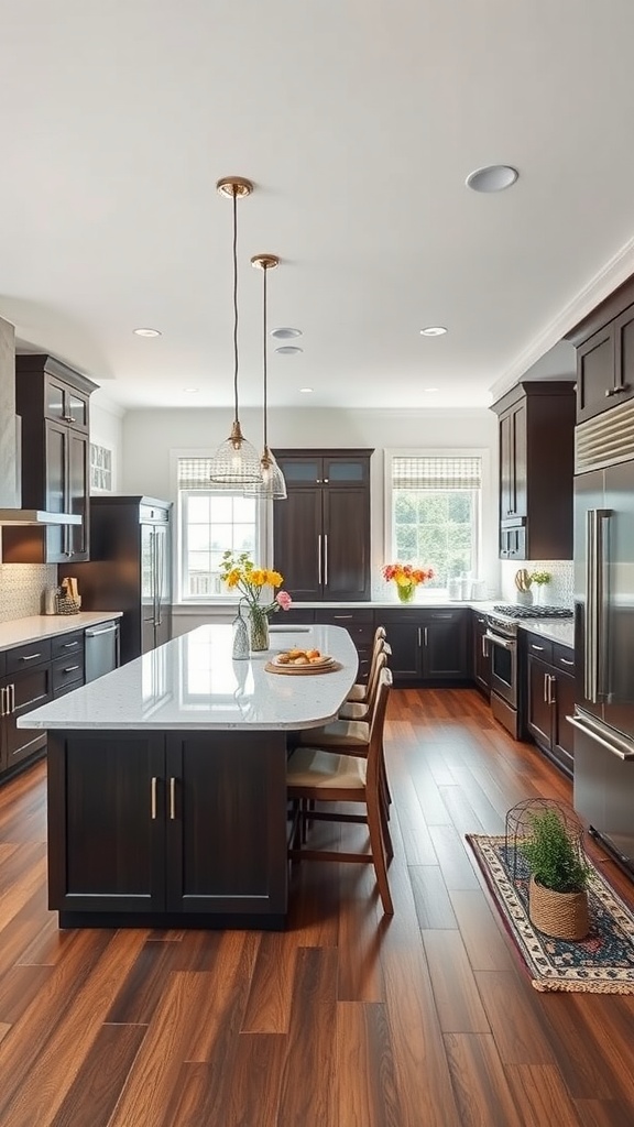 An open concept kitchen with dark cabinetry and a large island, featuring pendant lighting and ample natural light.