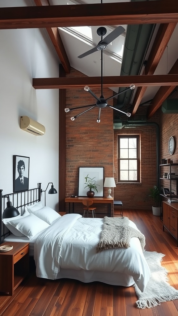 A loft bedroom featuring an open concept design with industrial accents, including exposed brick, wooden beams, and a cozy bed.