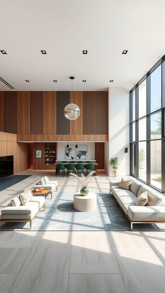 A modern open layout living room featuring large windows, stylish furniture, and a spacious design.