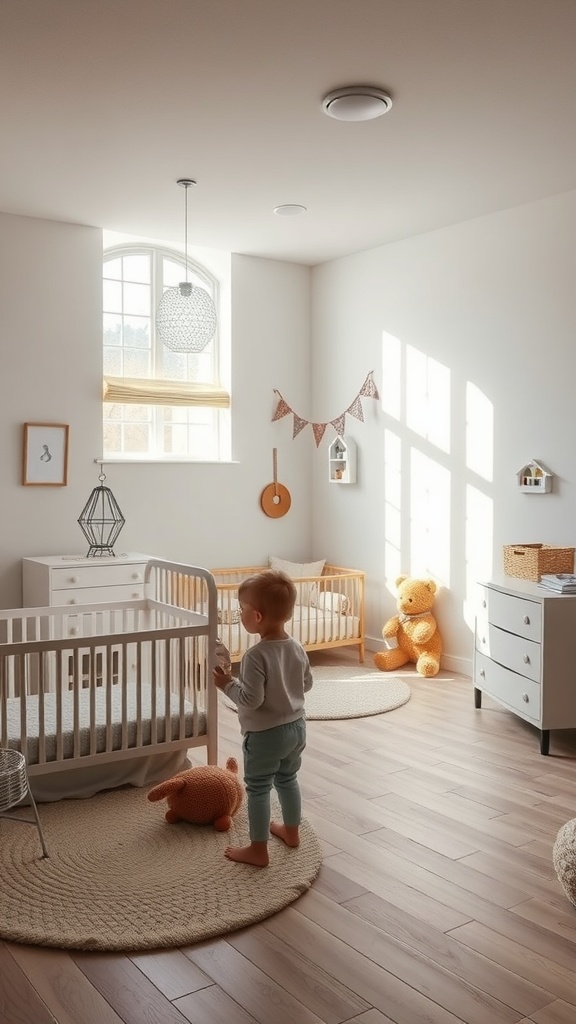 Bright and spacious nursery with open layout, featuring cribs, rugs, and a child playing.