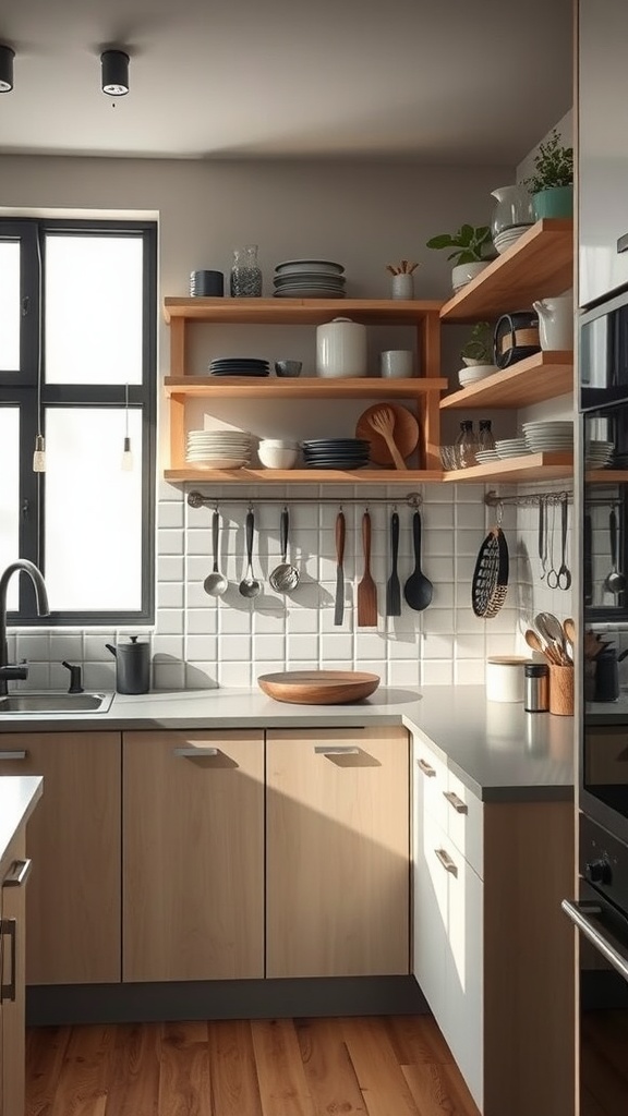 A modern kitchen with open wooden shelving displaying dishes and utensils.