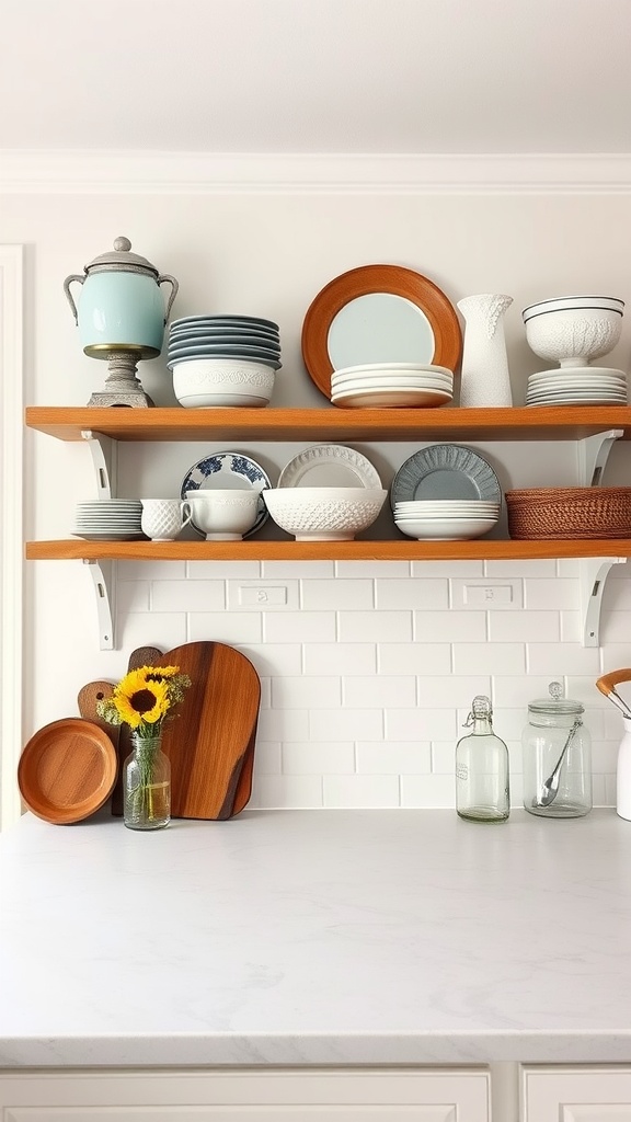 A farmhouse kitchen with open shelving displaying plates, bowls, and decorative items.