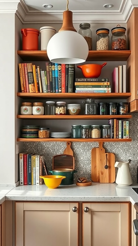 Open shelving in a kitchen displaying cookbooks, jars, and colorful cookware.