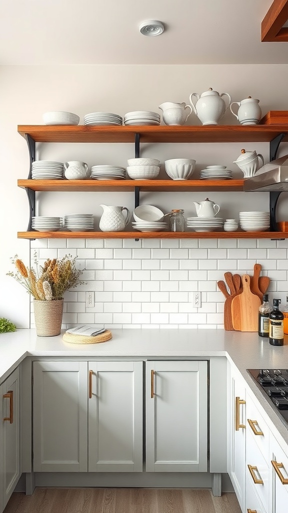 A modern kitchen featuring open wooden shelves filled with white dishware, a vase of dried flowers, and sleek cabinetry.