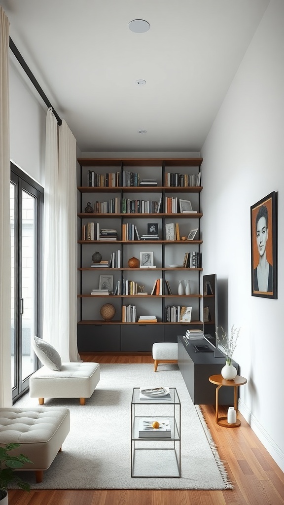 A long narrow living room featuring open shelving filled with books and decorative items.