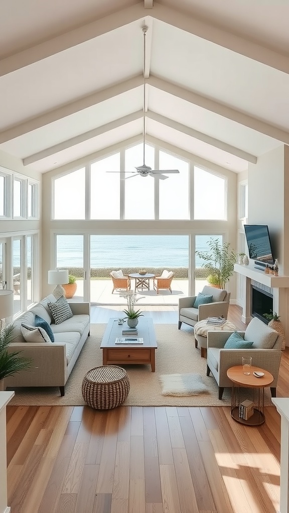 A bright coastal living room featuring large windows, light furniture, and an open space layout