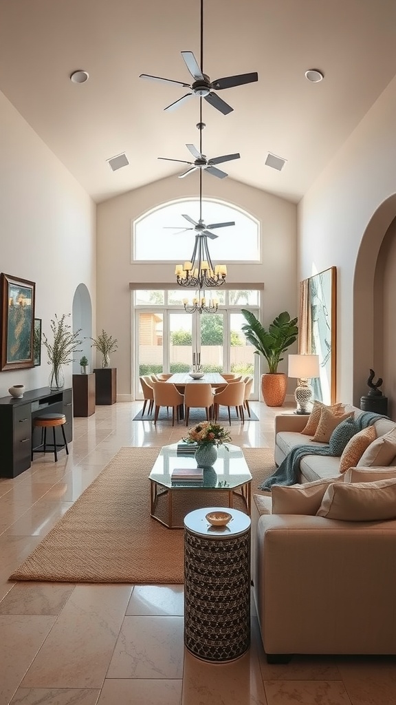 A spacious Mediterranean living room with high ceilings, large windows, and an open layout connecting to a dining area.