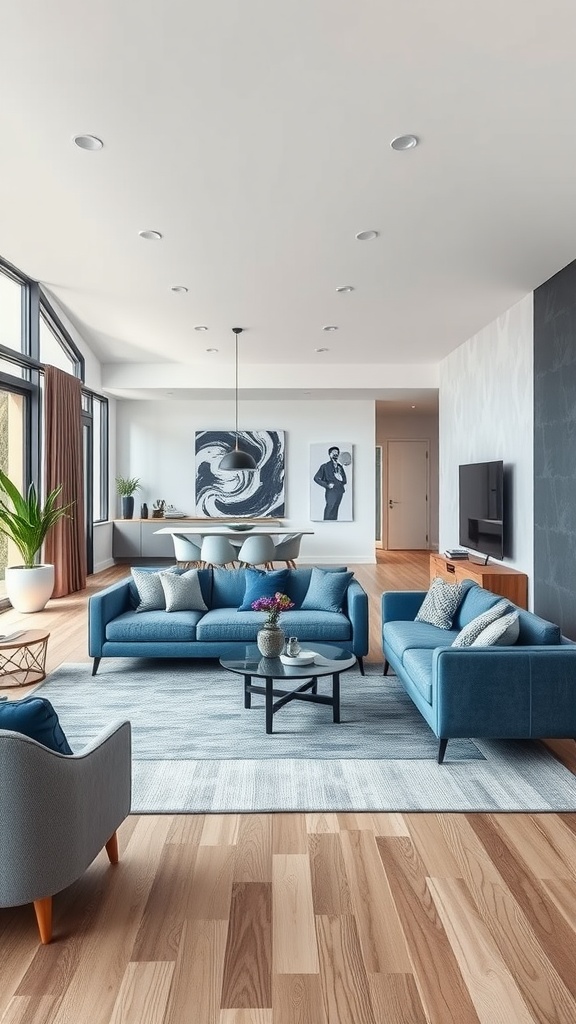 Open space living room with blue sofas and hardwood flooring