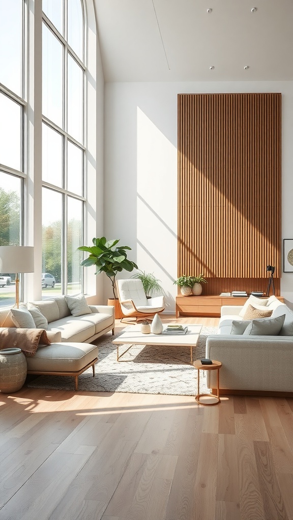 Modern living room with large windows, wooden accents, and plants