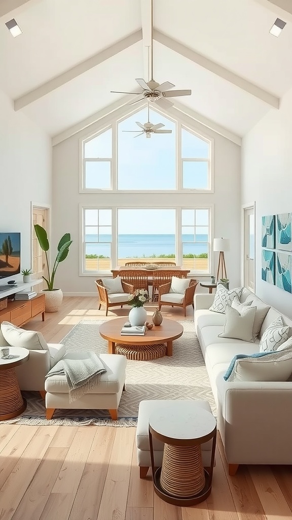 A bright and airy coastal chic living room with large windows, comfortable seating, and a flowing layout.