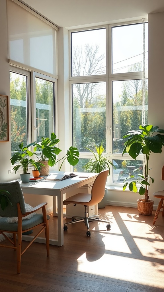 A bright office space with large windows, plants, and a desk, optimizing natural light for a cozy workspace.