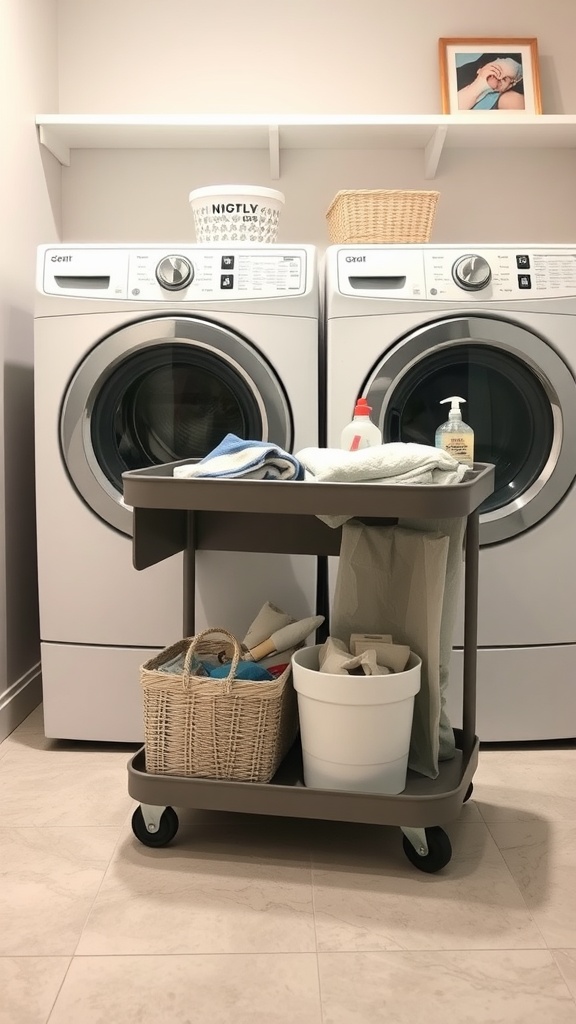 A laundry room featuring a rolling cart with towels and cleaning supplies next to a washer and dryer.