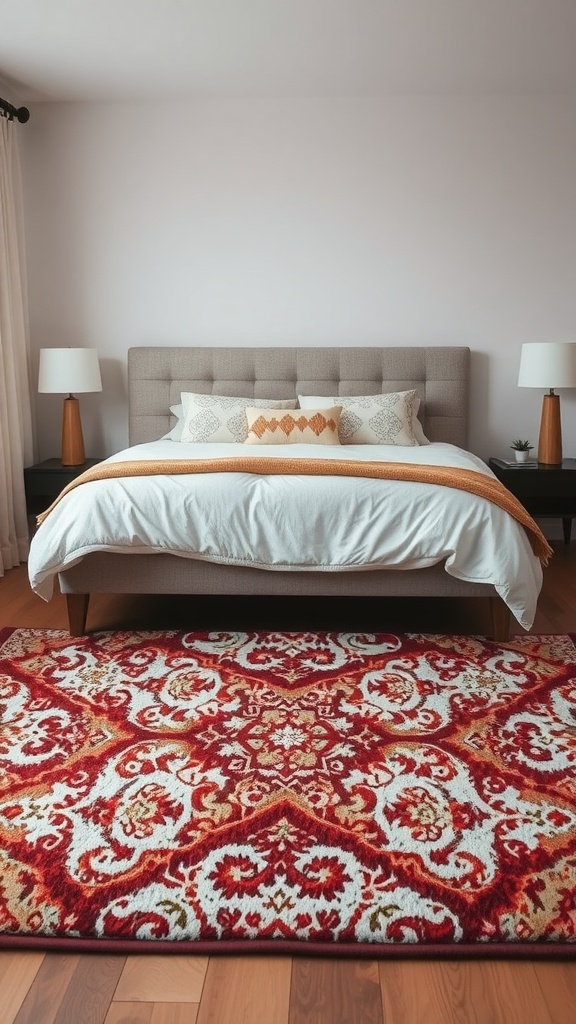 A stylish bedroom featuring a large patterned rug under a bed with neutral bedding and lamps.