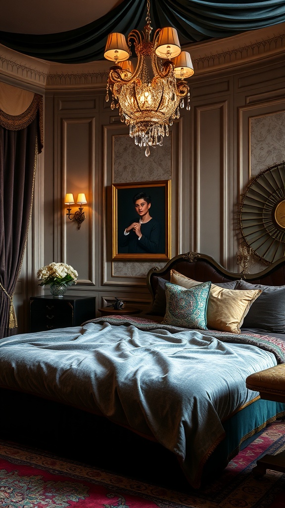 A luxurious bedroom featuring a plush bed with rich fabrics, elegant chandelier, and decorative accents