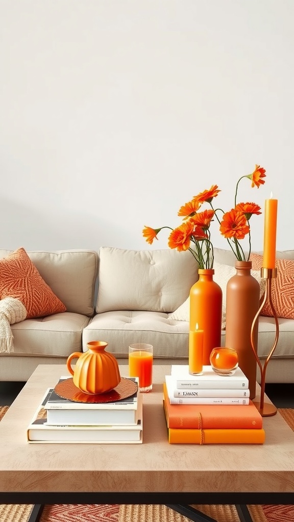 A cozy living room with orange-themed decorative accessories, including vases, candles, and stacked books on a coffee table.