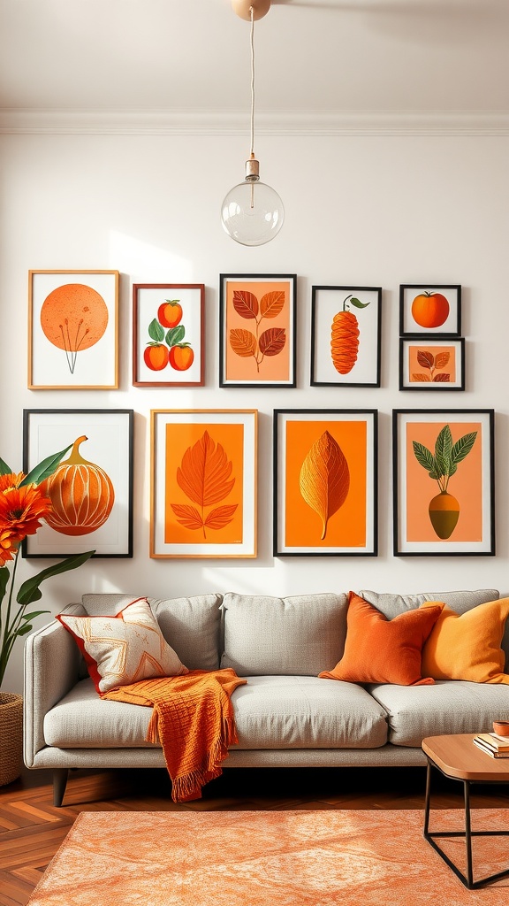 A stylish living room featuring a wall adorned with orange artwork and prints, complemented by orange accents on the couch.