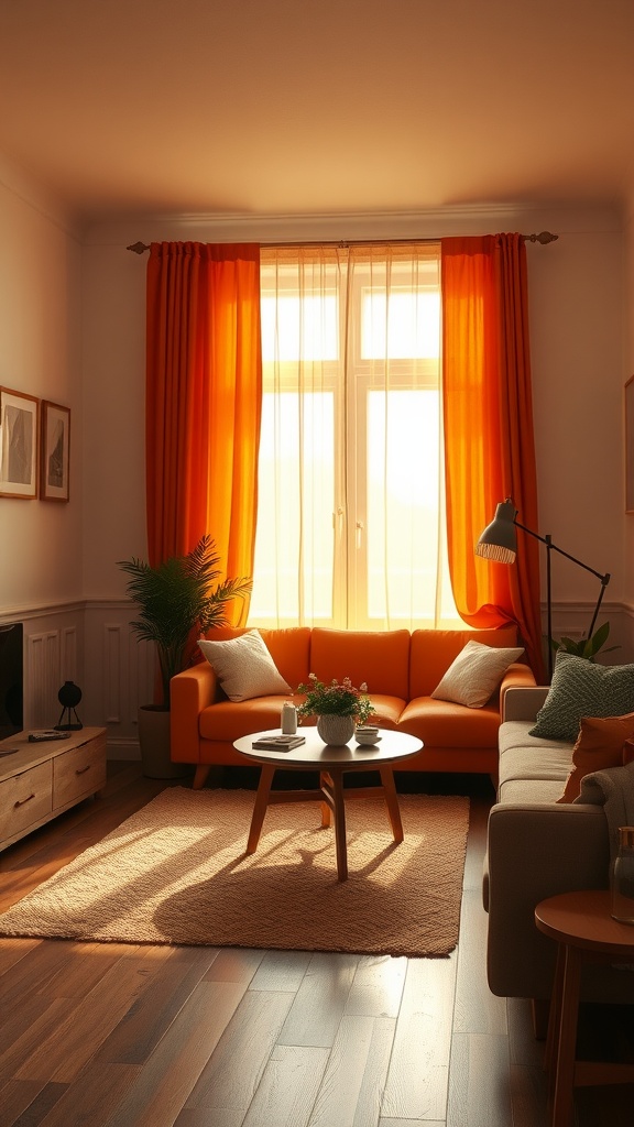 Living room with orange curtains, a vibrant sofa, and warm lighting