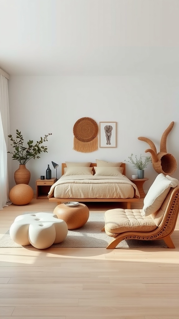 A cozy forest-themed bedroom featuring organic-shaped furniture and decor.