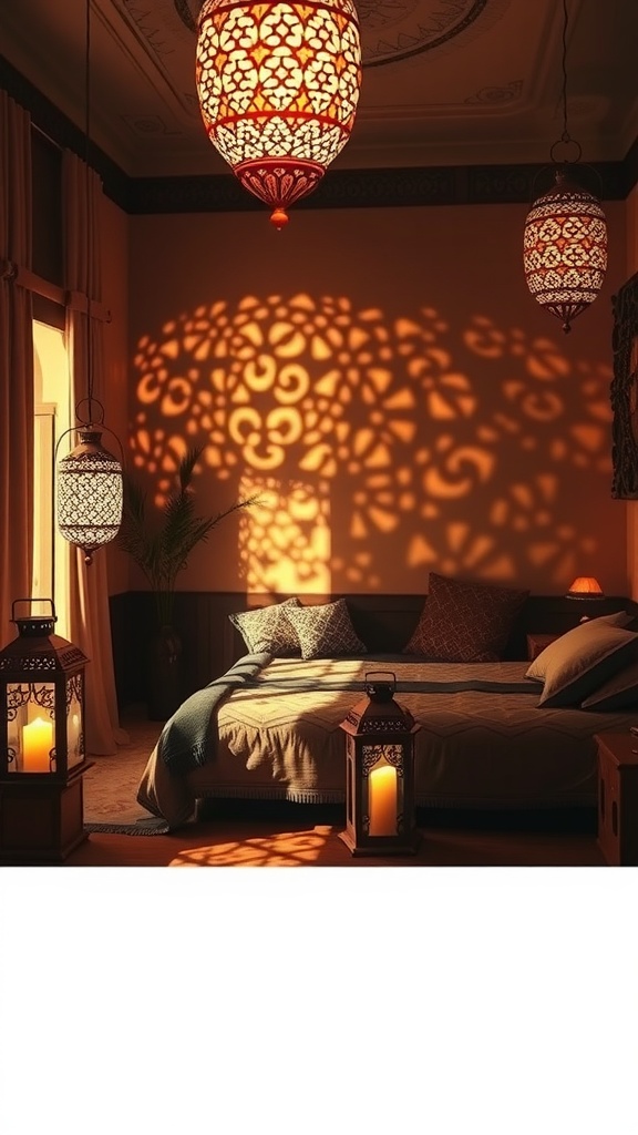 A Moroccan bedroom with ornate lanterns casting intricate shadows on the walls.