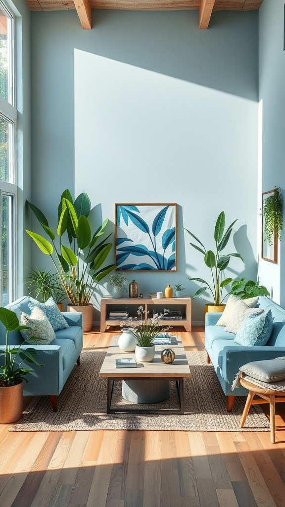 A bright and airy living room with blue walls, green plants, and light blue furniture.