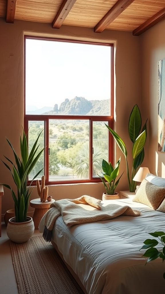 A southwestern bedroom with large windows, plants, and natural materials.