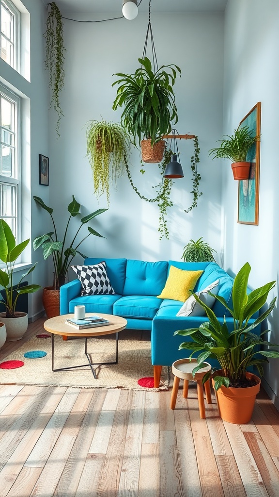 Living room featuring a blue couch, plants, and a bright, airy atmosphere.