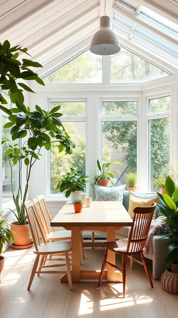 A bright sunroom with a wooden table and various chairs surrounded by plants and large windows.