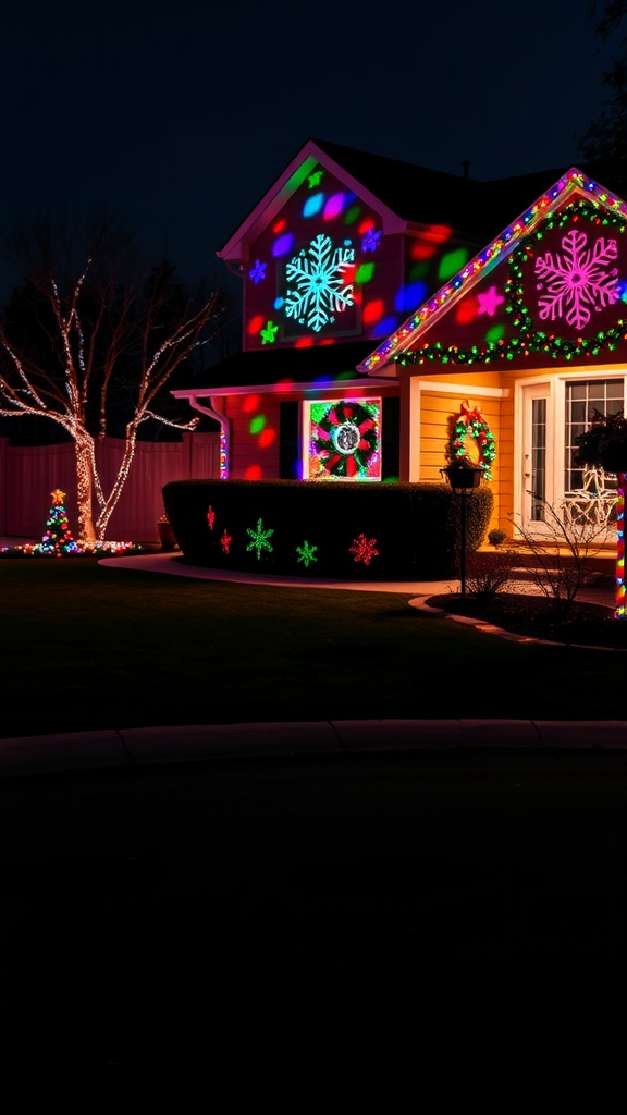 A house decorated with colorful outdoor Christmas light projectors showcasing snowflakes and festive patterns.